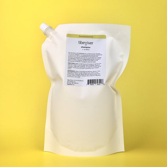 White refill pouch with a label on a yellow background