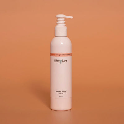 White bottle with pump labeled 'tiberiver' on an orange background