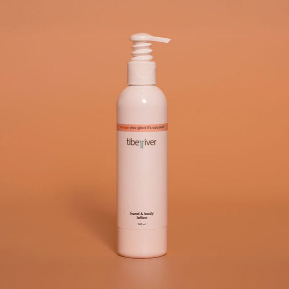 White bottle with pump labeled 'tiberiver' on an orange background