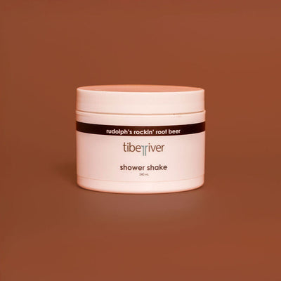 Jar of 'tiberiver' shower shake on a brown background